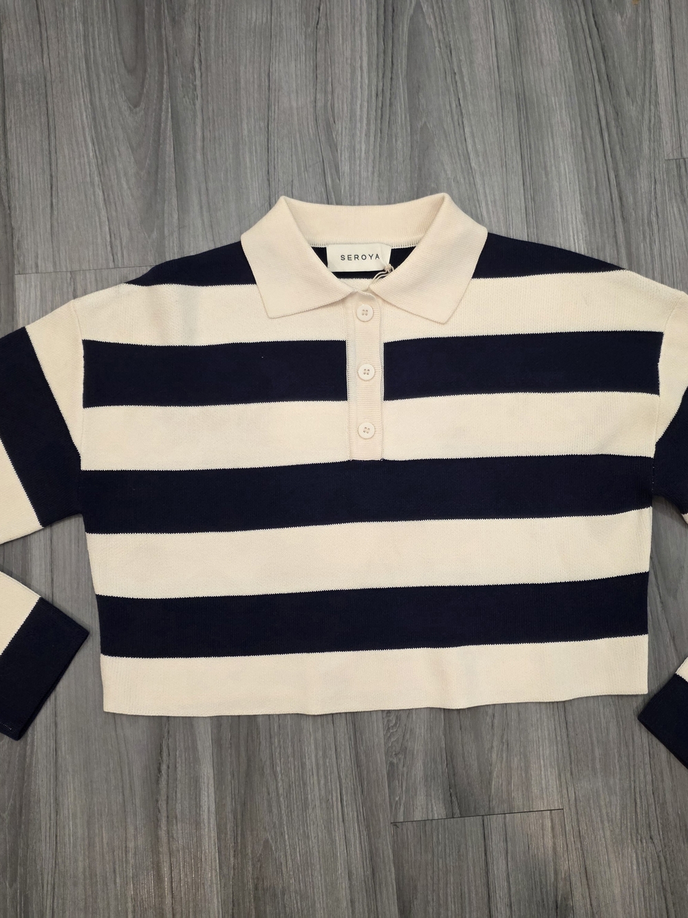 $228 SEROYA Ryla Striped Polo Sweater Nautical In Eggshell/navy cream - Picture 2 of 7